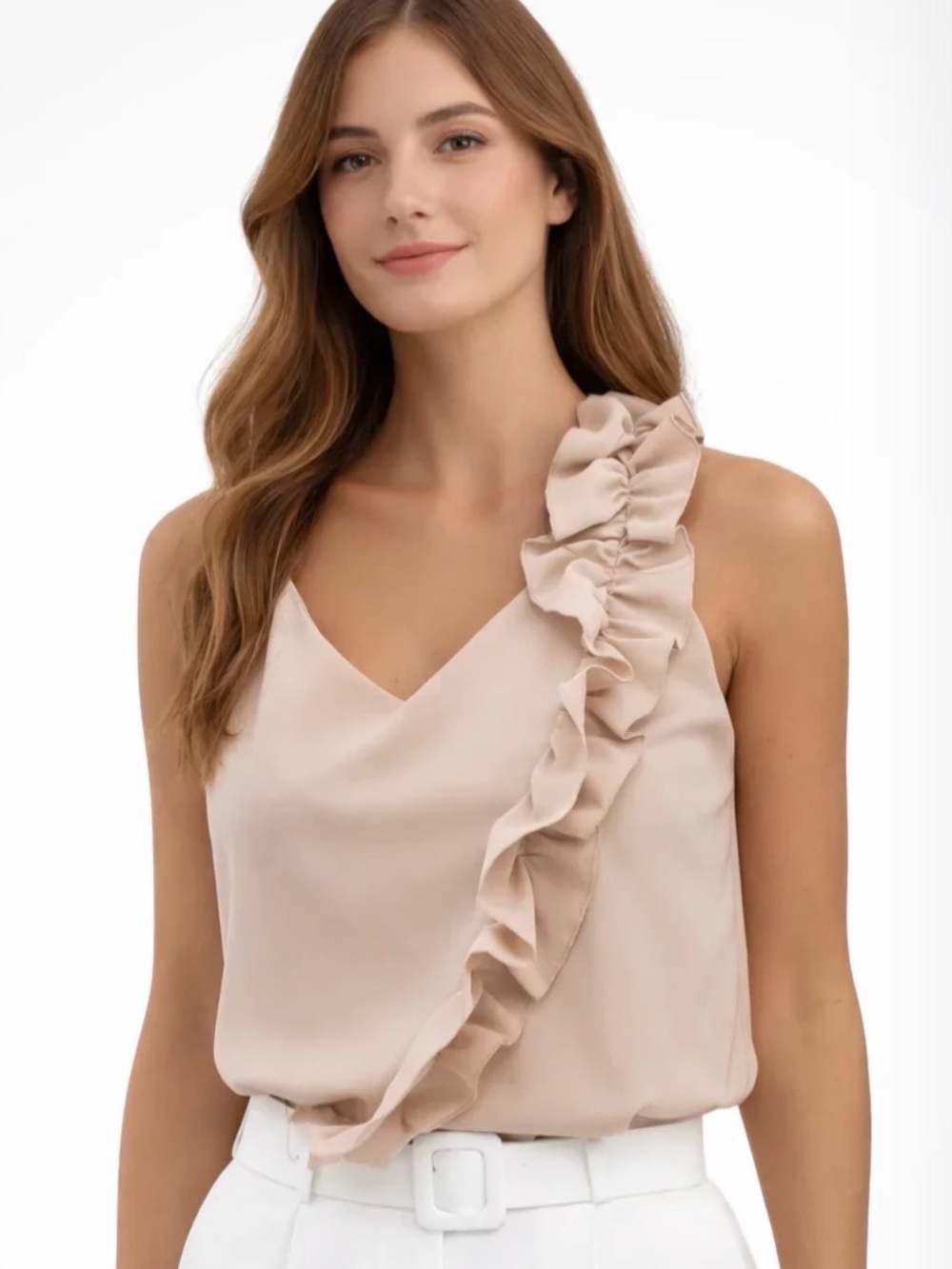 NWT Ruffled One-Shoulder V-Neck Tank Top - Soft Beige, size M